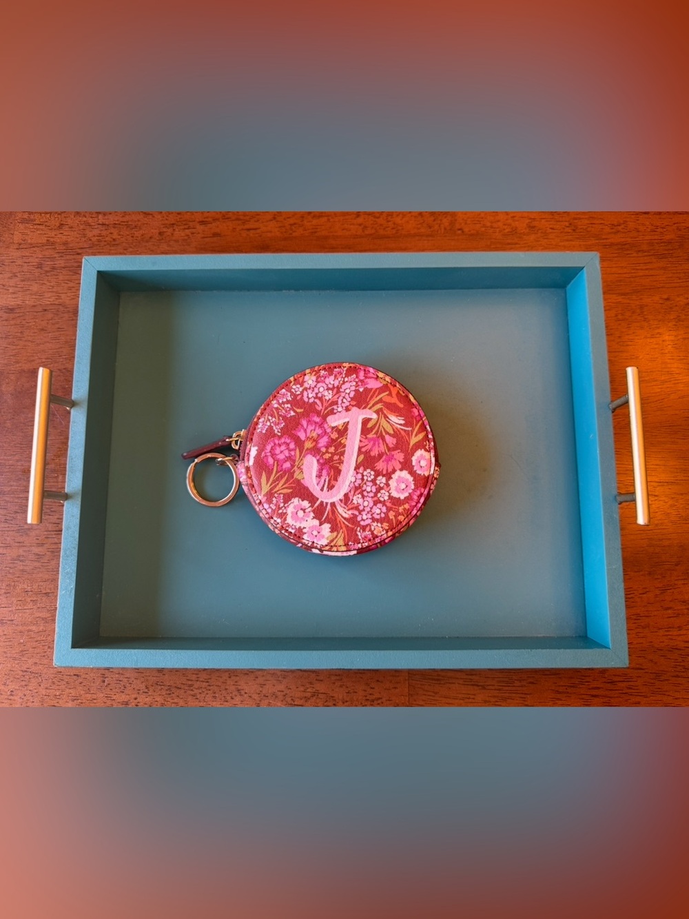 Floral Monogram 'J' Round Coin Pouch Keychain - Pink